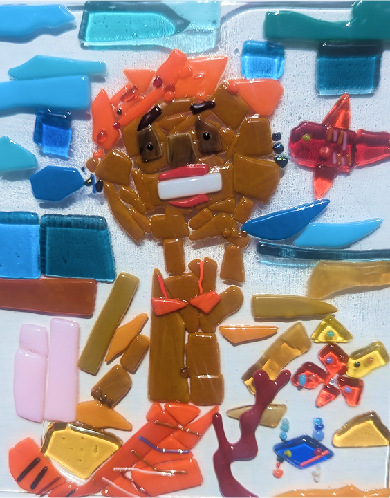 It's a picture of me as a mermaid with bright orange hair and a bright orange tail. And I'm in the ocean with my crab friend and a starfish and a seashell. And I'm in the sea surrounded by blue waves. It's a fused glass mosaic. And I used glass pieces, three shades of blue for the sea. And I used three shades of brown for the sand. And I used pink for the shell on my left. And I used brown and gold on my right for the starfish. And I used blue glass for the crab. I have bright orange hair, curly hair, and earrings in my ears. And I am waving to the people on the land. And I'm just relaxing on the sand before I swim back into the sea. I used a glass cutter tool. I wore safety goggles and safety gloves so I wouldn't cut myself.