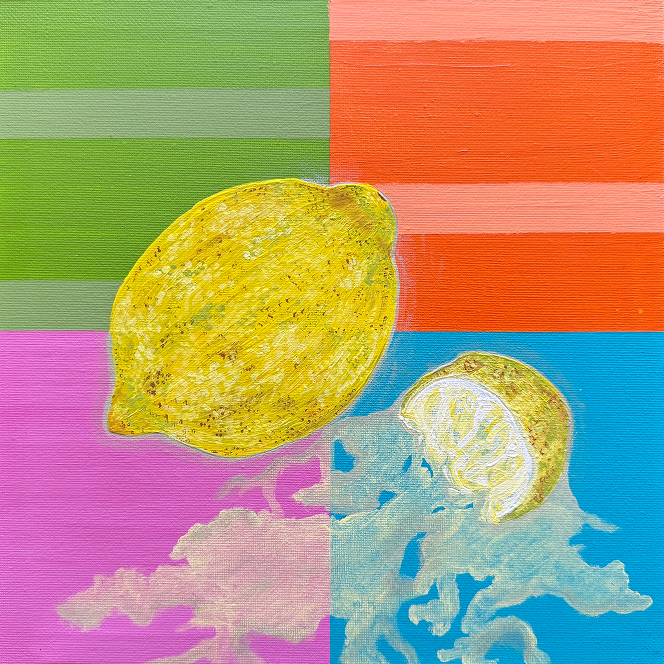 Green, orange, pink, and blue squares with a bright yellow lemon in the middle, a squeezed lemon slice next to it, and lemon juice running off the page. The green and orange squares host lighter colored lines alternating on both sides.