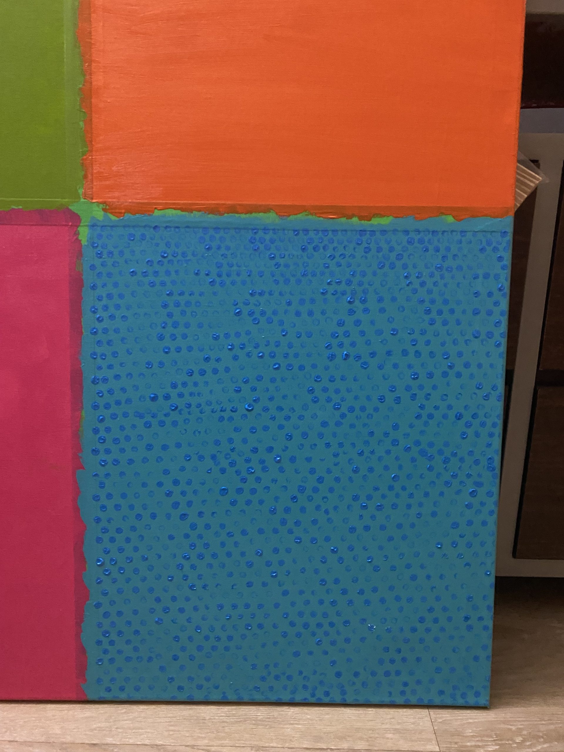 Up close detail on the blue panel, you can see some faint markings on the blue, emulating dots