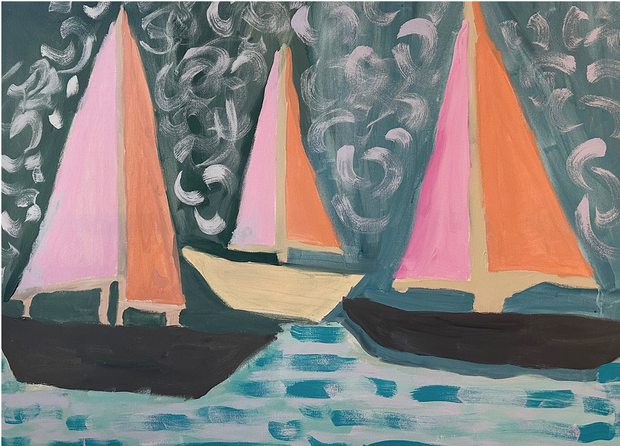 A colorful acrylic painting of three sailboats with pink and orange sails floating on a blue and turquoise sea. The boats have dark hulls, and the sky is filled with swirling brushstrokes in soft gray and white, suggesting wind or clouds. The style is loose and abstract, with bold shapes and vibrant colors creating a dreamlike, whimsical atmosphere.