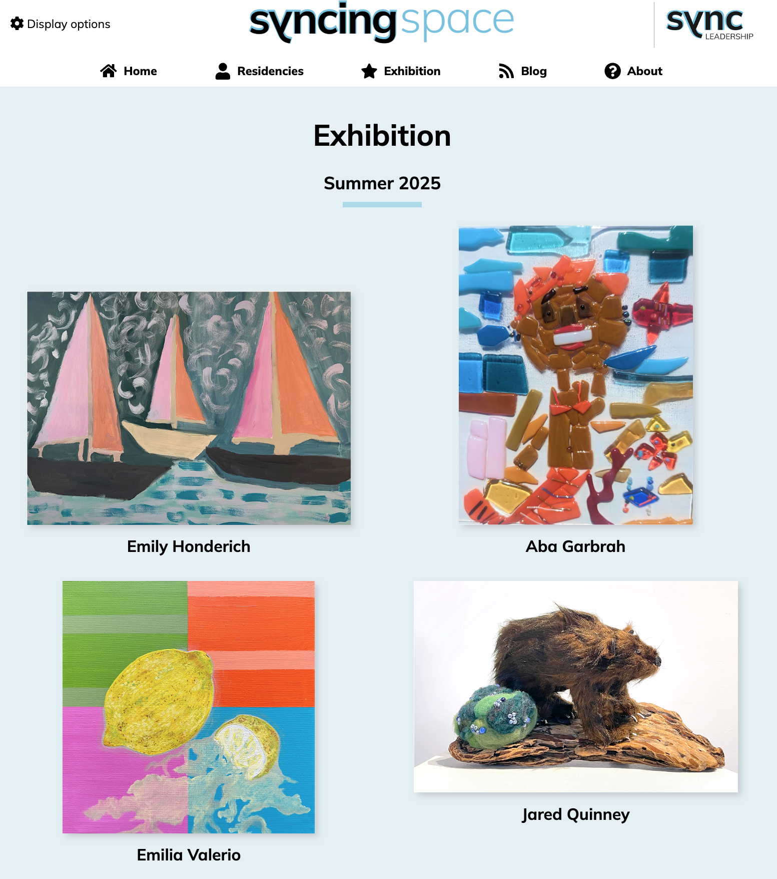 a light blue background with 4 artwork images top left: 3 sailboats - Emily Honderich, top right a mosiac of a mermaid - Aba Garbrah, Bottom left, an image of lemon and lemon juice oozing from a segment, Emilia Valerio and bottom right a diorama of a furry bear on a piece of wood - Jared Quinney