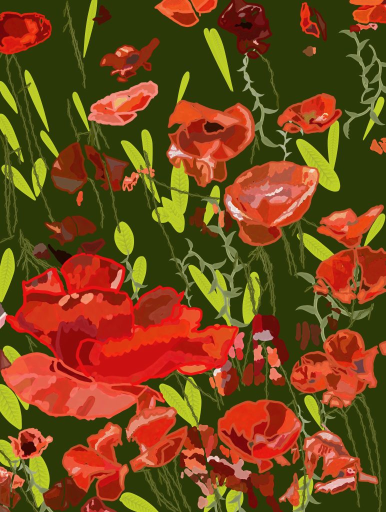 Digital illustration of vivid red and orange poppies scattered across a deep olive-green background, interspersed with bright yellow-green leaves and delicate vine-like stems, creating a lively, layered floral pattern.