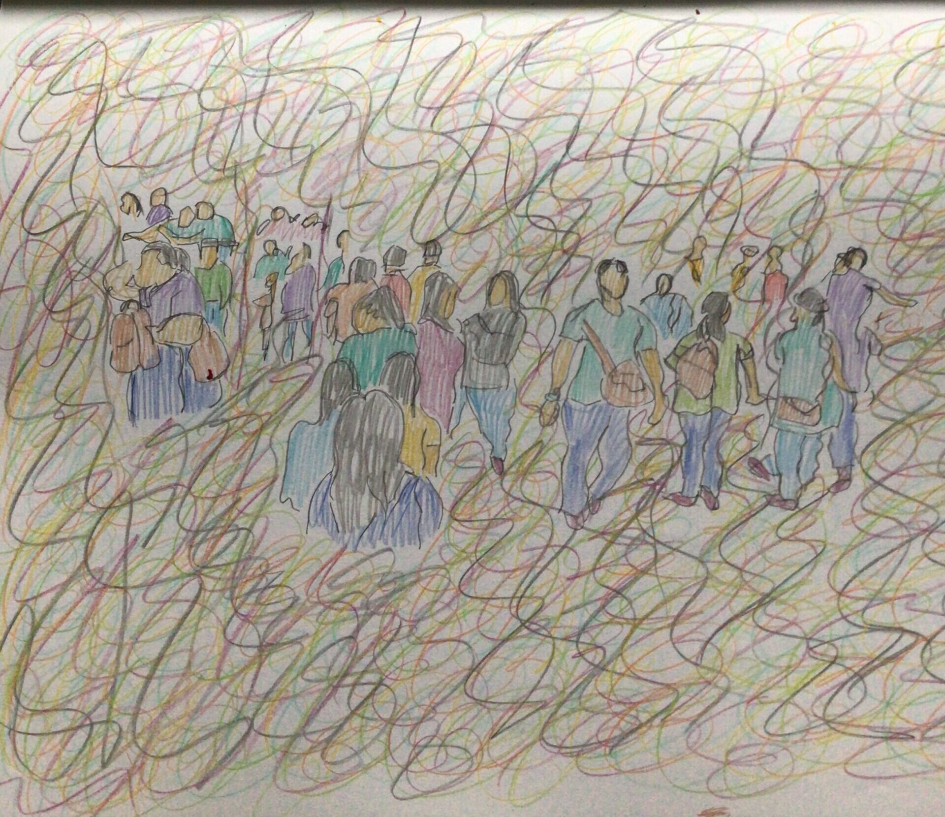 Thompson's multi coloured pencil drawing of people in South Korea walking the streets