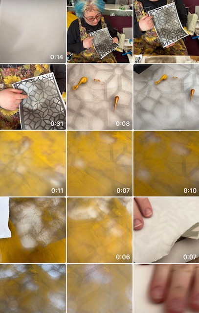 a matrix of different images of Eliph making prints live in their home studio in yellows, browns, blacks with fingers and pressing and them looking at the effects created.