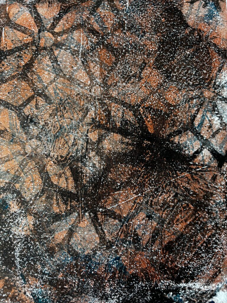 Hampton Court trellis echoes with layered chalky veneer and bees with bronze and phthalo blends