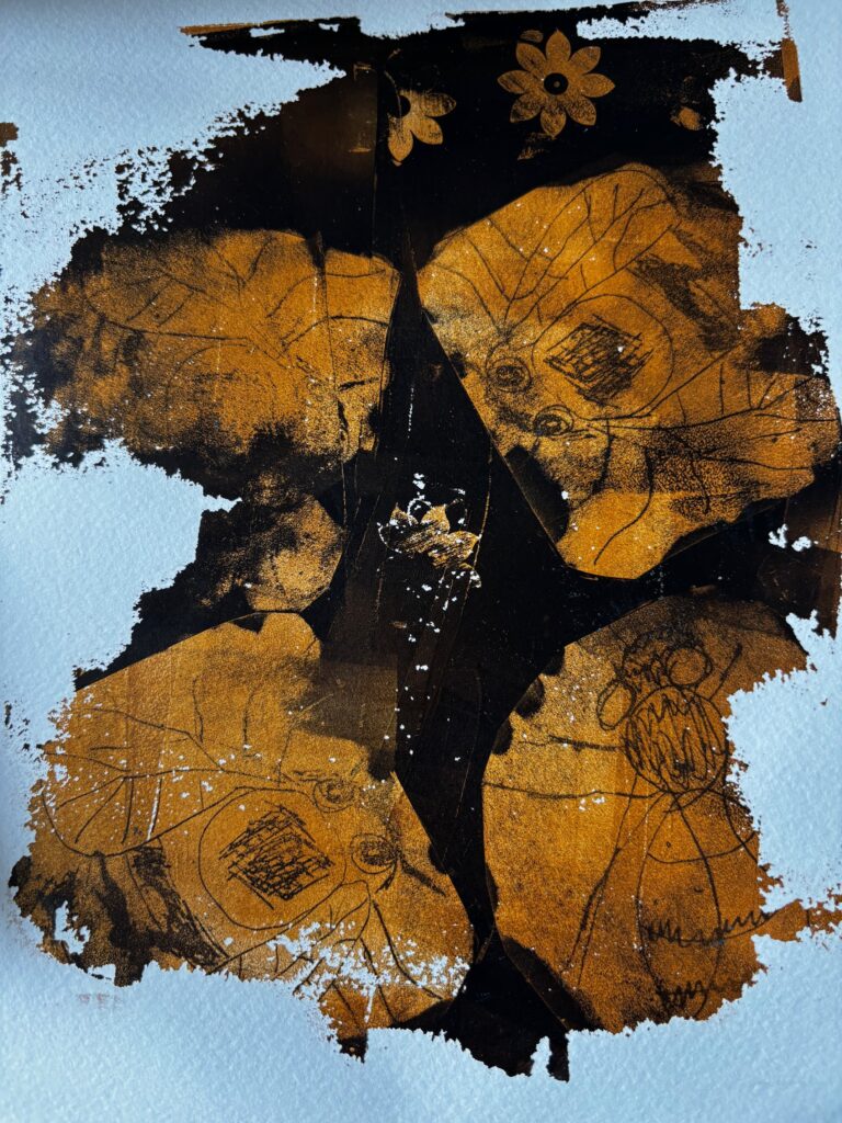 Black layered over gold with bee stencils peering on the outside looking in on white background