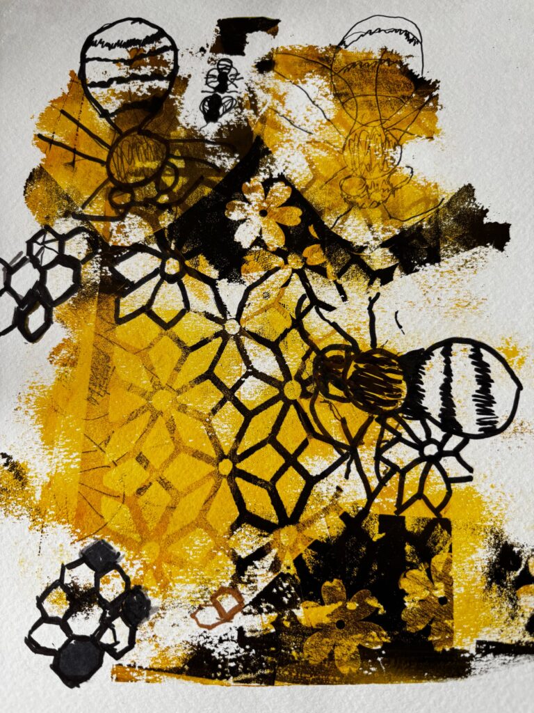 Black trellis honeycomb with translucent yellow with solid and printed bee etchings in black pen
