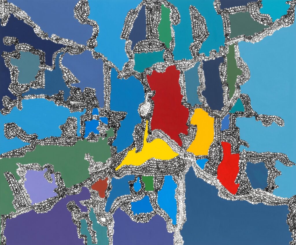 A large abstract drawing made of flowing, interconnected lines that spread across the surface like a tangled map. The lines are built from many small black-and-white marks, forming irregular paths that twist and loop in all directions. Between these lines are bold areas of color, including red, yellow, green, and blue, shaped like fragmented islands. The background is a soft gradient of blue tones, from deep navy to lighter sky blue. The composition has no clear beginning or end, and the lines seem to move continuously, creating a feeling of motion, confusion, and emotional flow.