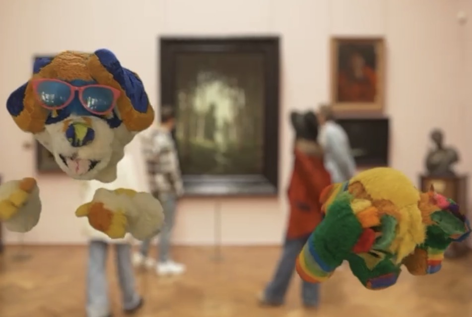 An animation trial of Beagle in Blue and Yellow and Spectrum their faces and arms cut out against a museum background