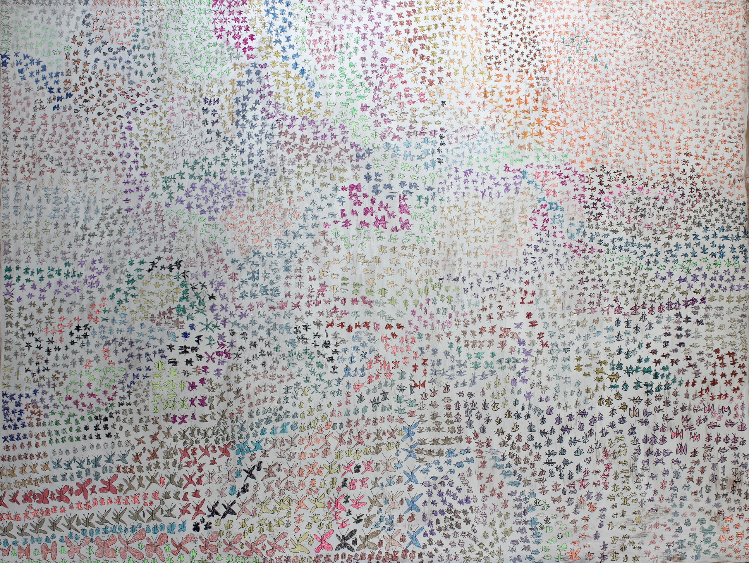 A picture with thousands of small butterflies drawn and coloured with varying colours, sizes and shapes