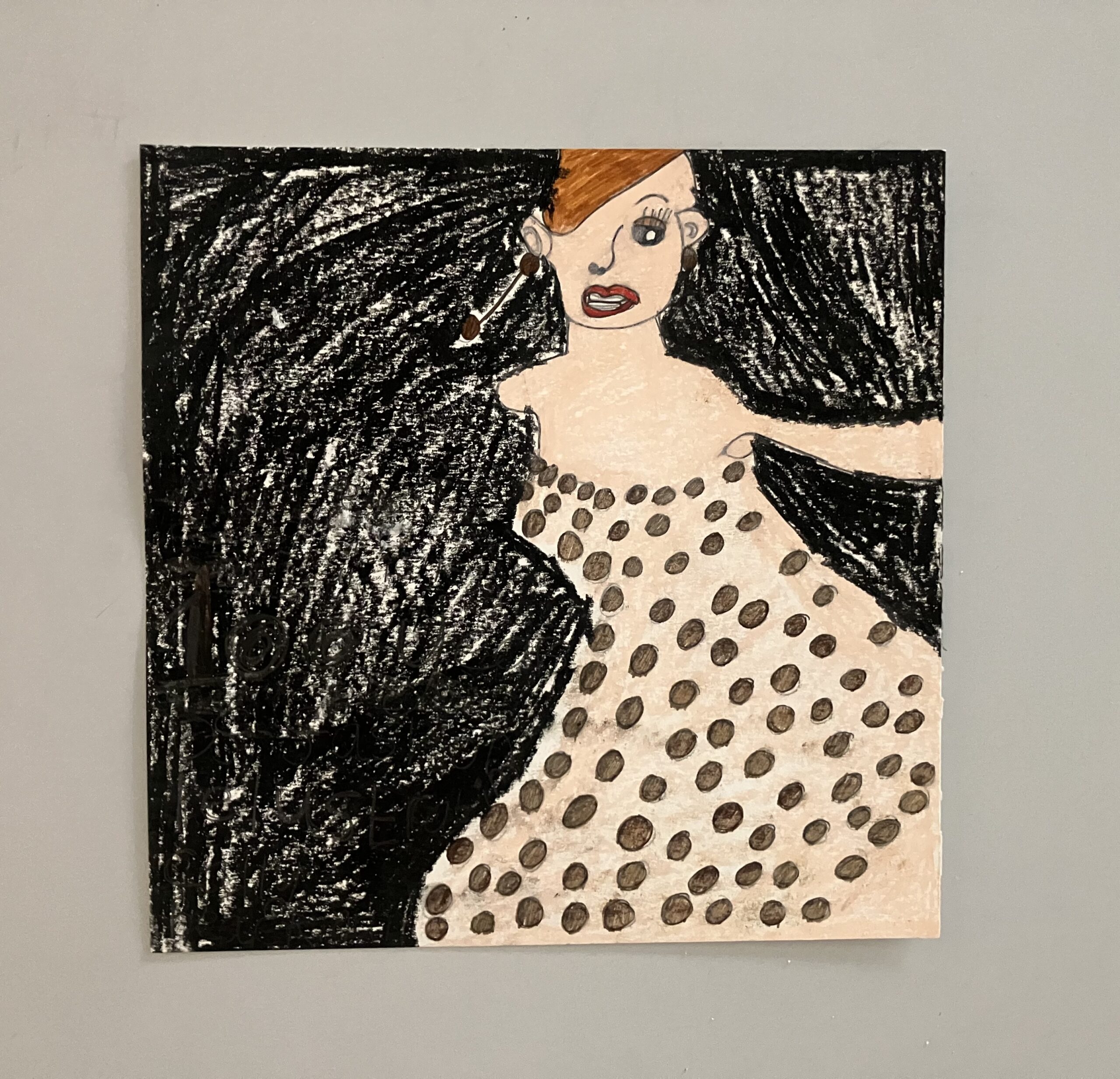 This is an illustration of a woman. Wearing earrings and pale pink dress with brown dots. She is wearing red lipstick and brown eyeshadow and her red hair tied back. She has one arm up that is coming out of frame. There is a black background.