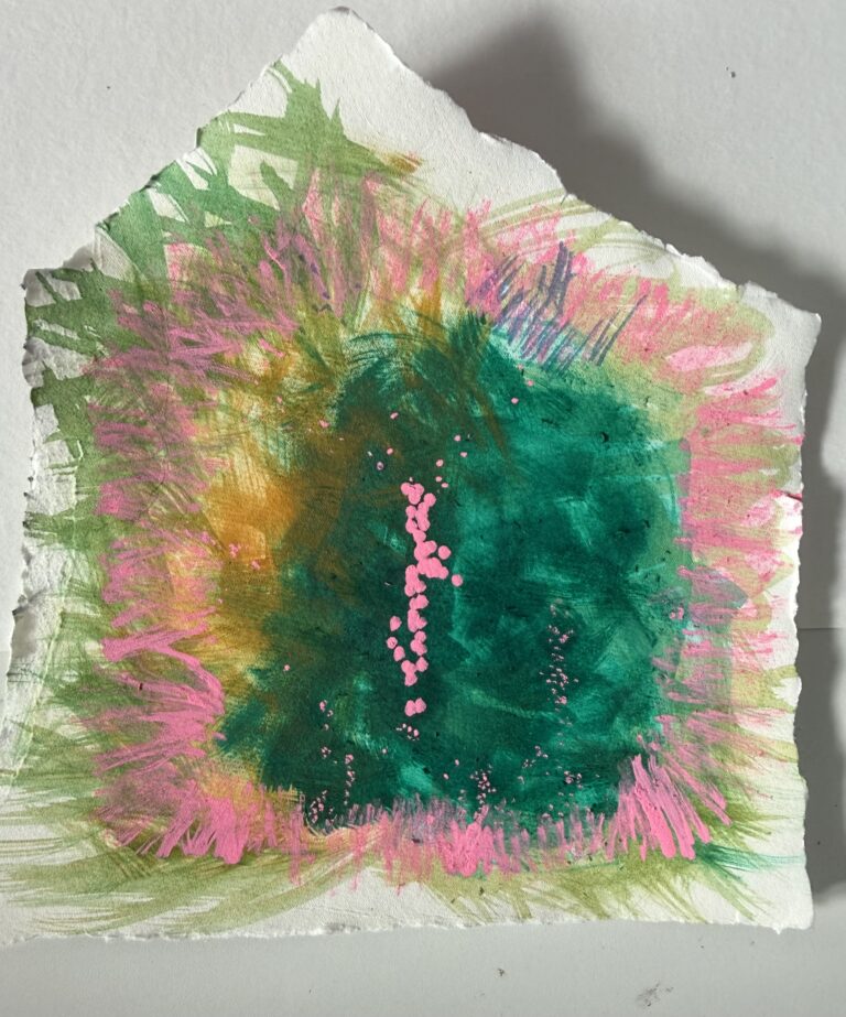 A house shaped painting made up of Green with overlapping yellow and pink dots that make the painting stand out