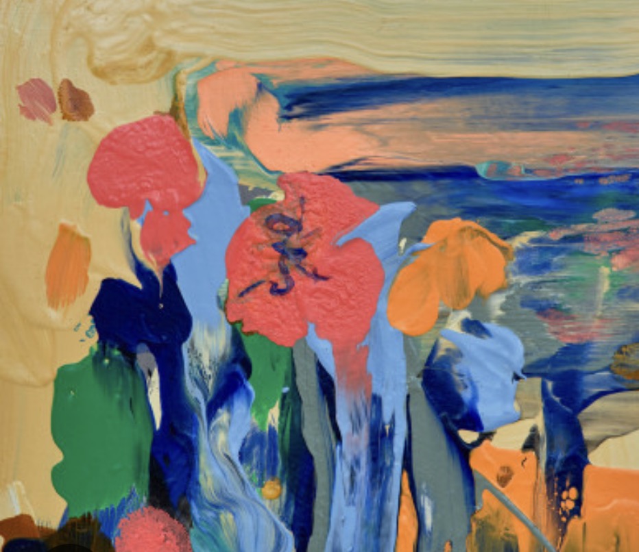 A close up of a painting using bright colorful splodges that could represent flowers on a background of smeared yellow and blue paint.
