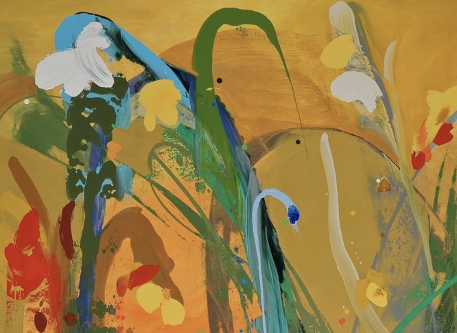 A close up of a painting with a background of yellow tones and colourful flower and foliage type shapes in the foreground.