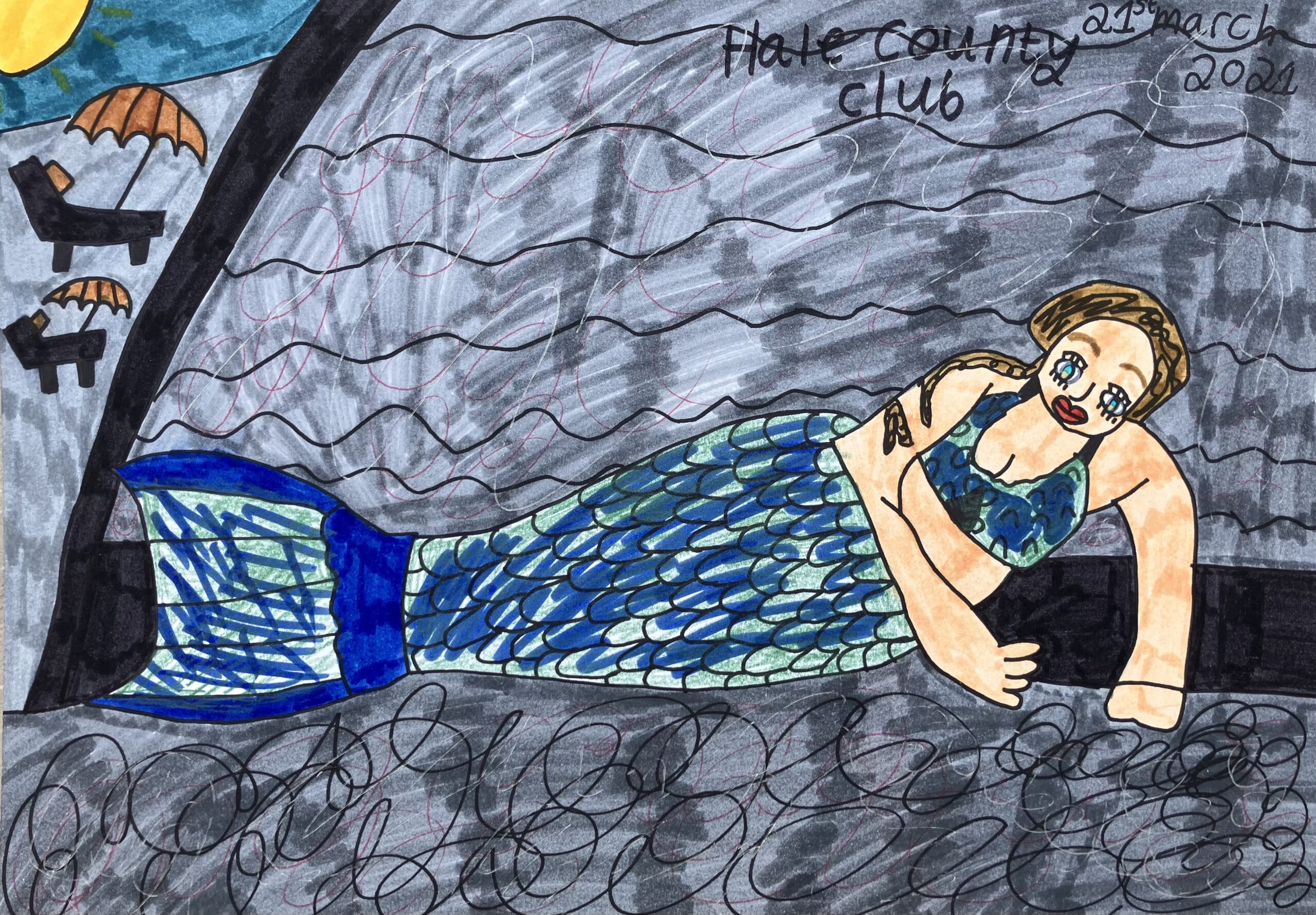 This is a drawing of me wearing my mermaid costume. I drew is with pencil, sharpie pen, felt tips, pencil crayons and metallic pens. I am dressed as a mermaid at a swimming pool. There main colours in this work are greys, blues, greens. There is also brown and yellow for my hair and the sunshine, which is in the left corner of the work.