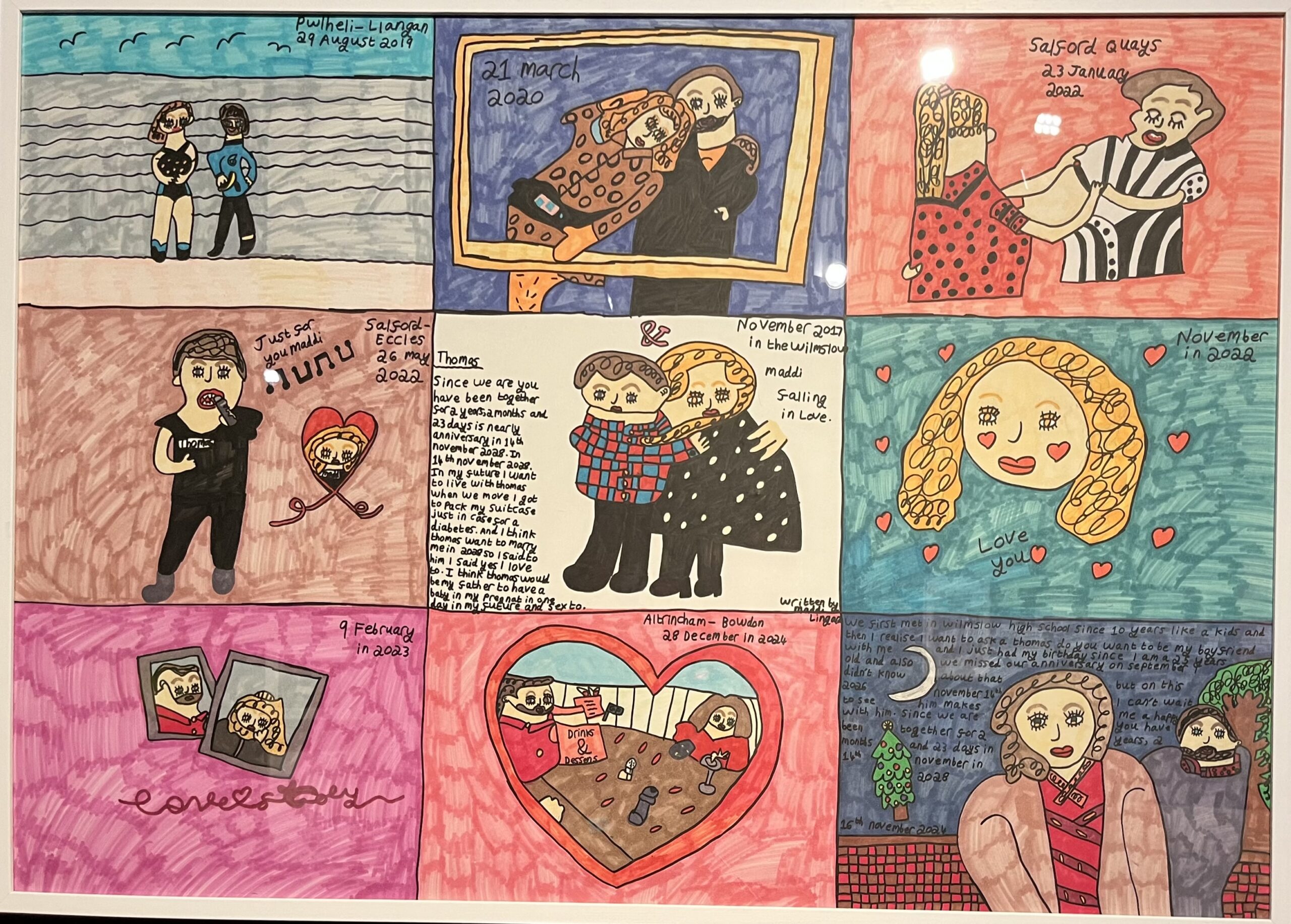 This is my work. It is about my memories and my life with my boyfriend Thomas. The work shows 9 boxes with different memories in them. They are all memories of times we have spent together. Each box has a drawing of me and Thomas in different places and times. There are lots of colours in each box. Lots of pinks and browns and golds/yellows. There is some writing and dates next to each drawing, that says things that are important to me about the memories.