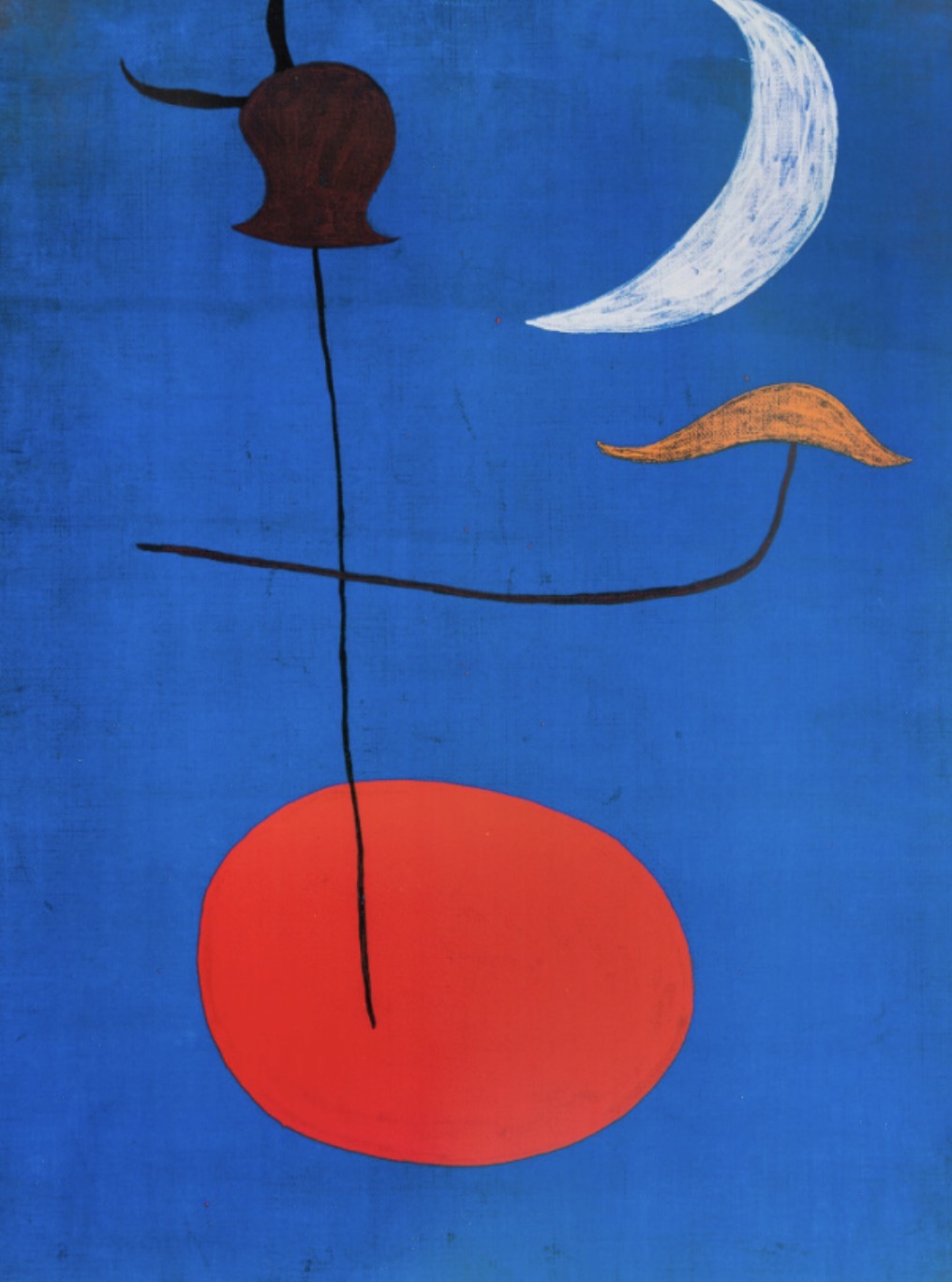 A painting of a mid blue background with red horizontal oblong in the bottom half of the painting. A black cross intersects with abstract shapes on two ends and a white crescent moon in the top right hand corner.