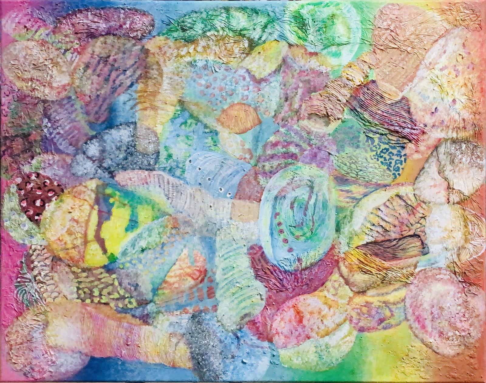 An acrylic abstract, textured painting of overlapping shells and stones in soft pastel pinks, blues, greens, yellows and purples. Animal-inspired markings, including spots, stripes and scales, cover some of the forms, creating a colourful, layered pattern.