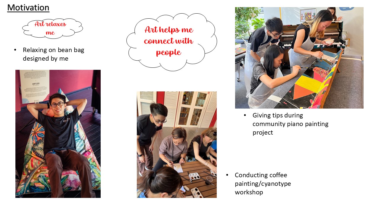 A presentation slide titled “Motivation” shows photographs of Abraham participating in art activities. A thought bubble reads, “Art relaxes me,” above a photo of him reclining on a brightly painted, multicoloured bean bag that he designed. A second thought bubble reads, “Art helps me connect with people,” alongside photos of him engaging with others through art: giving tips during a colourful community piano-painting project and conducting a coffee-painting/cyanotype workshop.