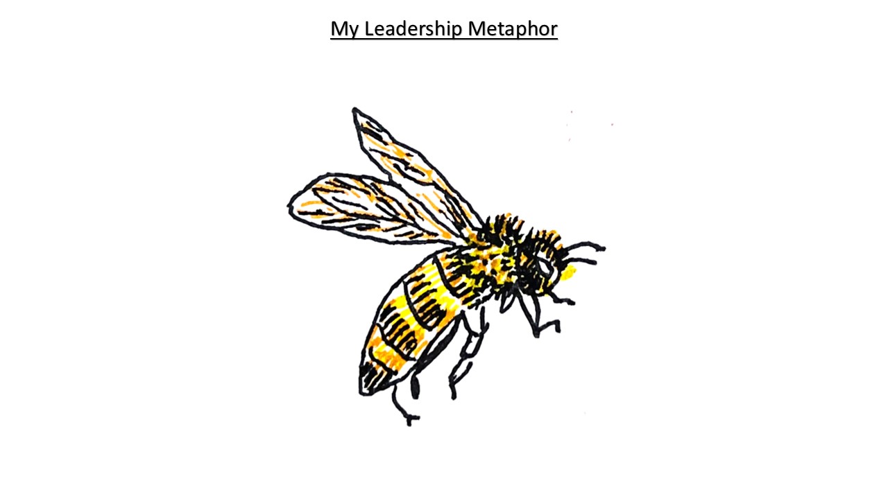 Hand-drawn bee in a sketch-like style, using bold black outlines, visible pen strokes, and bright washes of yellow and black stripes