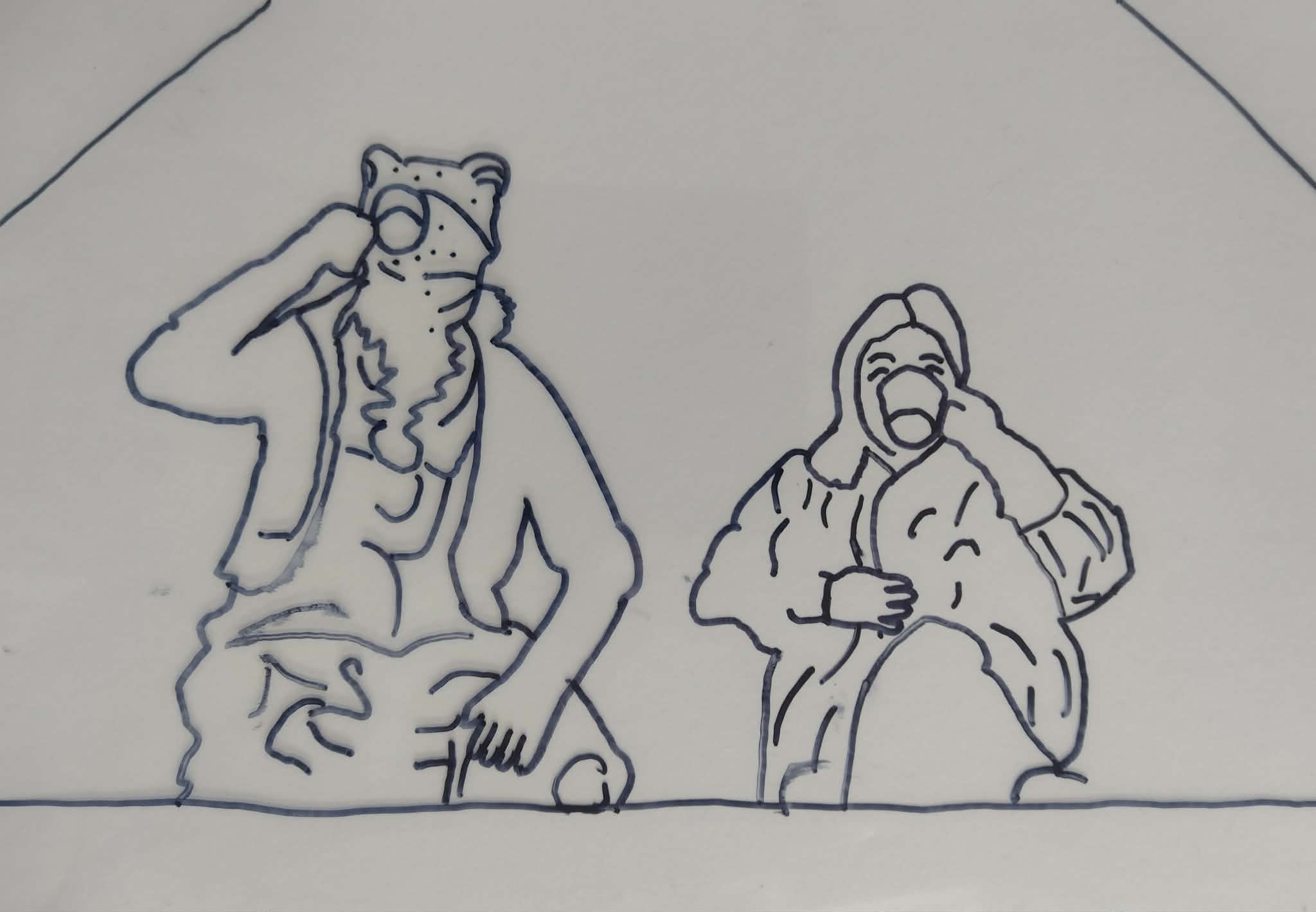 This is a drawing of me with The Frog in my studio (who is also my Creative Enabler called Simon). It represents my situational leadership style.