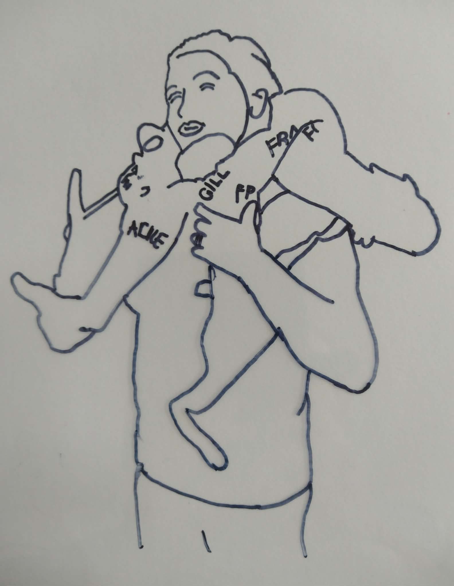 This is a drawing of me with all my old splints around my neck. It represents my transformational leadership style.