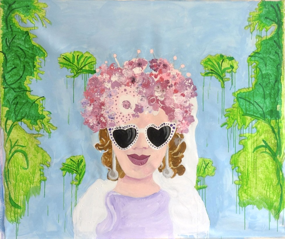 Acrylic painting of a woman wearing heart shaped sunglasses, a floral headdress and a white veil, surrounded by vivid green foliage against a pale blue background