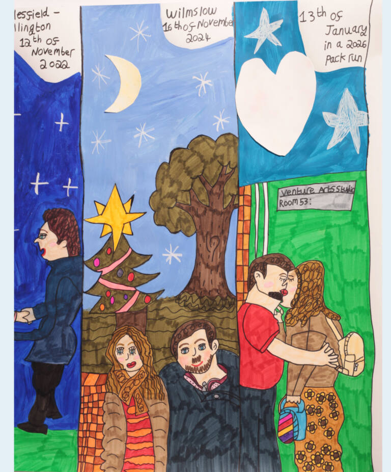 Two sections of a colourful illustrated painting, each depicting a couple. On the left, a couple wearing winter coats stands beside a decorated Christmas tree topped with a yellow star, with a large tree behind them and a pale blue sky featuring a crescent moon and white stars. Handwritten text above reads “Wilmslow 16th of November 2024.” On the right, a couple embraces and kisses in front of a green building with a sign reading “Venture Arts Studio Room 53.” Above them are a large white heart and stars against a turquoise background. Handwritten text reads “13th of January in 2026 pack run.”