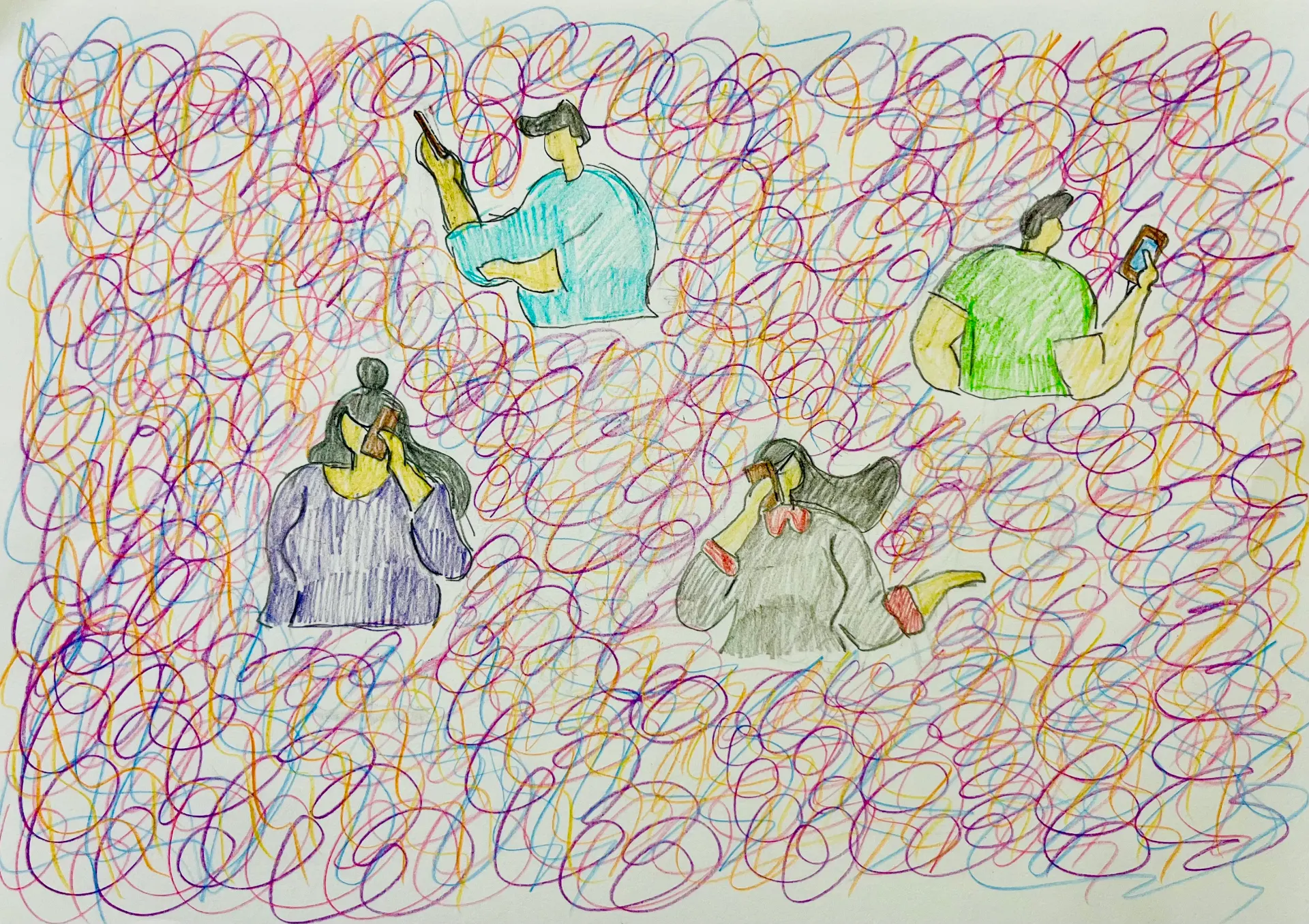 A3 drawing on paper, made using coloured pencils. There are 4 figures, just showing the top halves of them, all looking at screens and engaged with their phones. Two men at the top and two women at the bottom in a group. They are all looking away from each other and busy, absorbed in their own thing. The bottom halves of their bodies are not drawn, as though the figures have become submerged into the swirling background. They are unaware, being distracted by their phones. The background colours swirl around the figures in mauve, orange, yellow, light blue and fuschia pink, creating a chaotic scene.