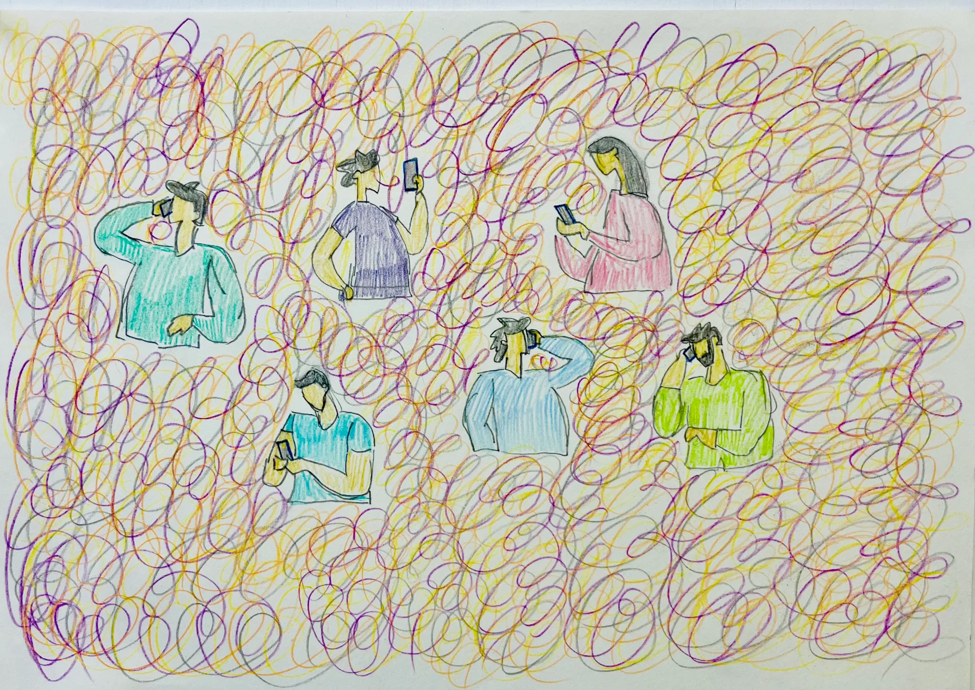 A3 drawing on paper, made using coloured pencils. There are 4 figures, just showing the top halves of them, all looking at screens and engaged with their phones. Three men and three women in a group. They are all looking away from each other and busy, absorbed in their own thing. The bottom halves of their bodies are not drawn, as though the figures have become submerged into the swirling background. They are unaware, being distracted by their phones. The background colours swirl around the figures in mauve, orange, yellow, light grey and fuschia pink, creating a chaotic scene.
