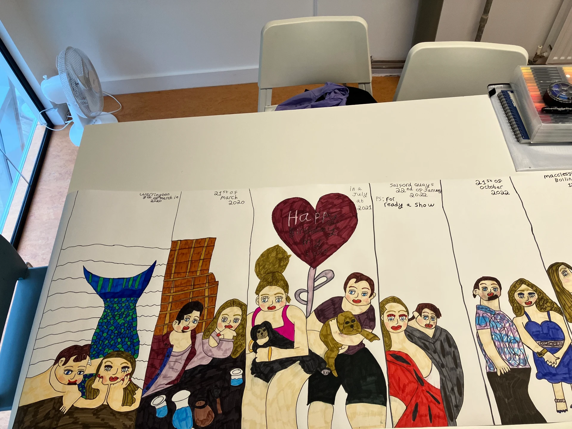 A long paper scroll on a table shows a series of colourful drawn panels depicting people and dates.