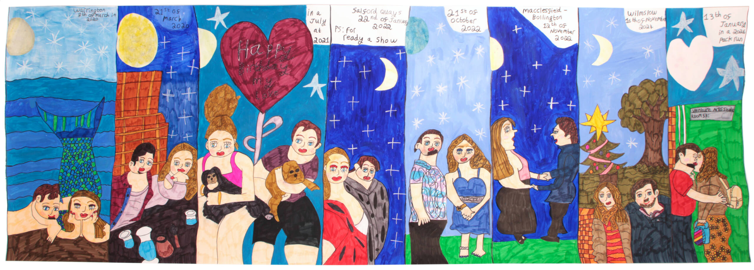 Colourful illustrated painting divided into eight vertical sections, each depicting a couple. From left to right: a couple relaxing in water beneath a starry sky, with one person having a mermaid tail; a couple sitting at a table with drinks; a couple holding dogs beneath a large red heart; a couple standing together under a crescent moon; a couple posing beneath a pale blue starry sky; a couple holding hands at night; a couple standing beside a decorated Christmas tree; and a couple embracing in front of a green building.
