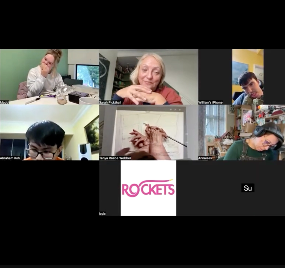 Artists and faciliators in the Zoom space and Tanya showing her different hands in a photo talking to William about his and how good it was to see his hands making work in the animation