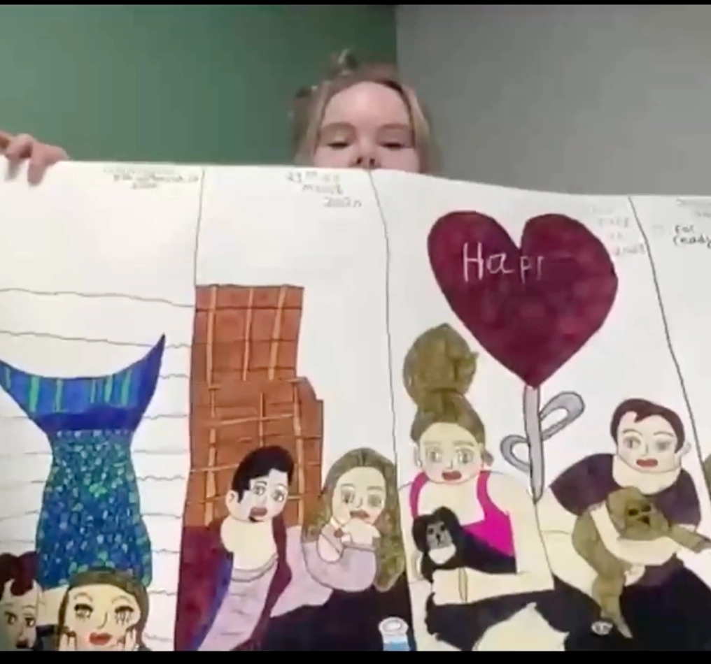 Maddi shares some of her developing artwork with her face popping out above the canvas with her signature people/figures and more