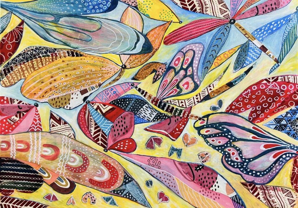 Vibrant abstract illustration of overlapping butterfly wings in pink, blue, yellow, orange and red, decorated with intricate geometric patterns, stripes and dots against a pale yellow background.
