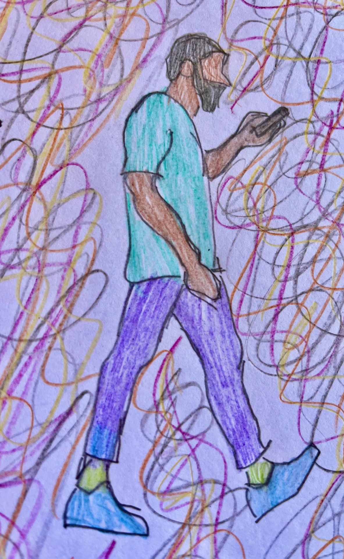 A3 pencil drawing with a multitude of colours in the background. These look like squiggles of purple, pink, blue and orange going in different directions. There is a figure of a man in the centre wearing a purple t shirt and dark blue trousers in a walking pose looking at his phone, not paying any attention to anything around him. I'm highlighting the fact that our everyday lives have been taken over by technology.
