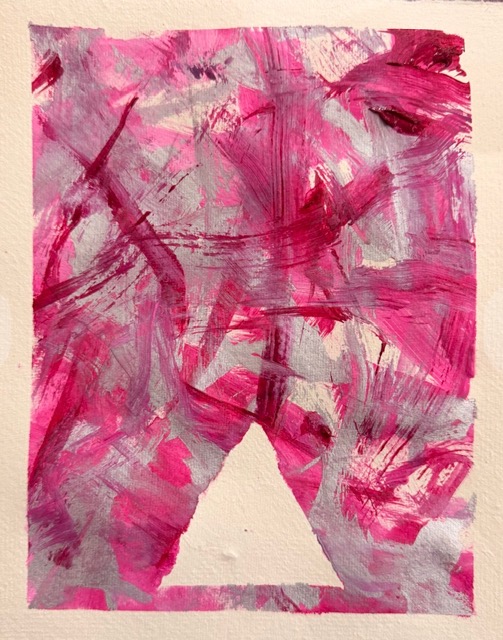 Abstract painting featuring expressive brushstrokes in bright pink, magenta and grey, with a triangular area of exposed white paper near the bottom.