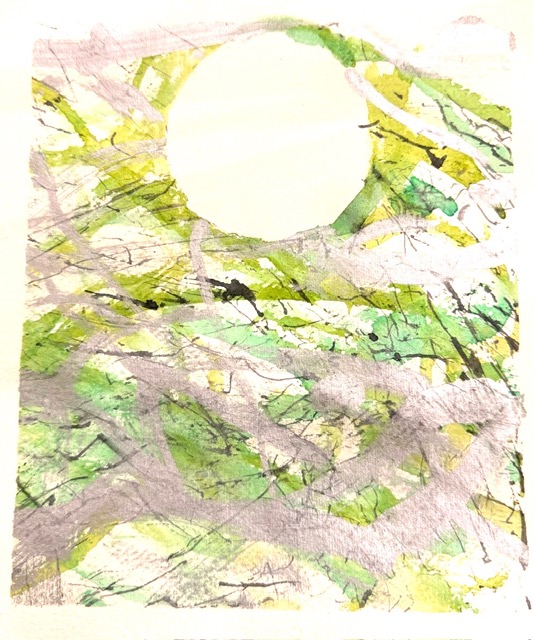 Abstract painting featuring layers of green, yellow and pale pink brushstrokes, fine black lines and a large white circle near the top.