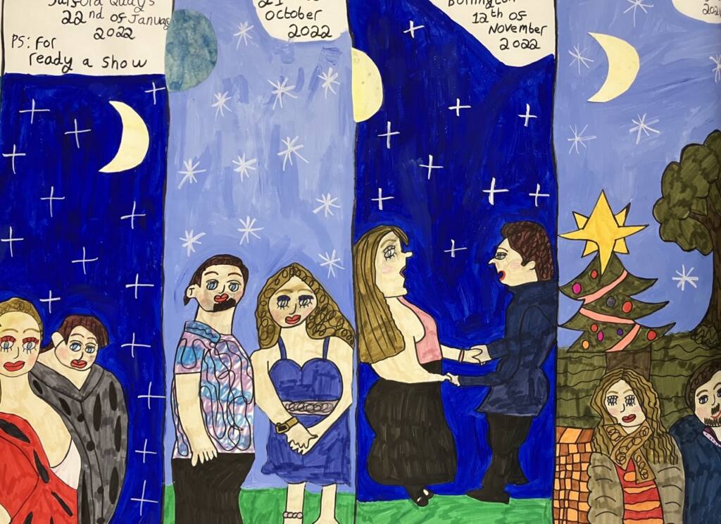 Colourful illustrated painting divided into four sections, each depicting a different scene with people in evening clothes, set against starry night skies with crescent moons and a decorated Christmas tree.